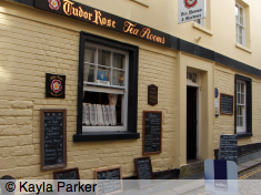 Colour photo of Tudor Rose Tea Rooms, New Street, Barbican, Plymouth; wide view