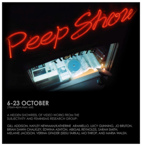 Poster for the Peep Show exhibition at Project Space 11, 6 - 23 October 2010: the title Pep Show is a red neon sign using a script font